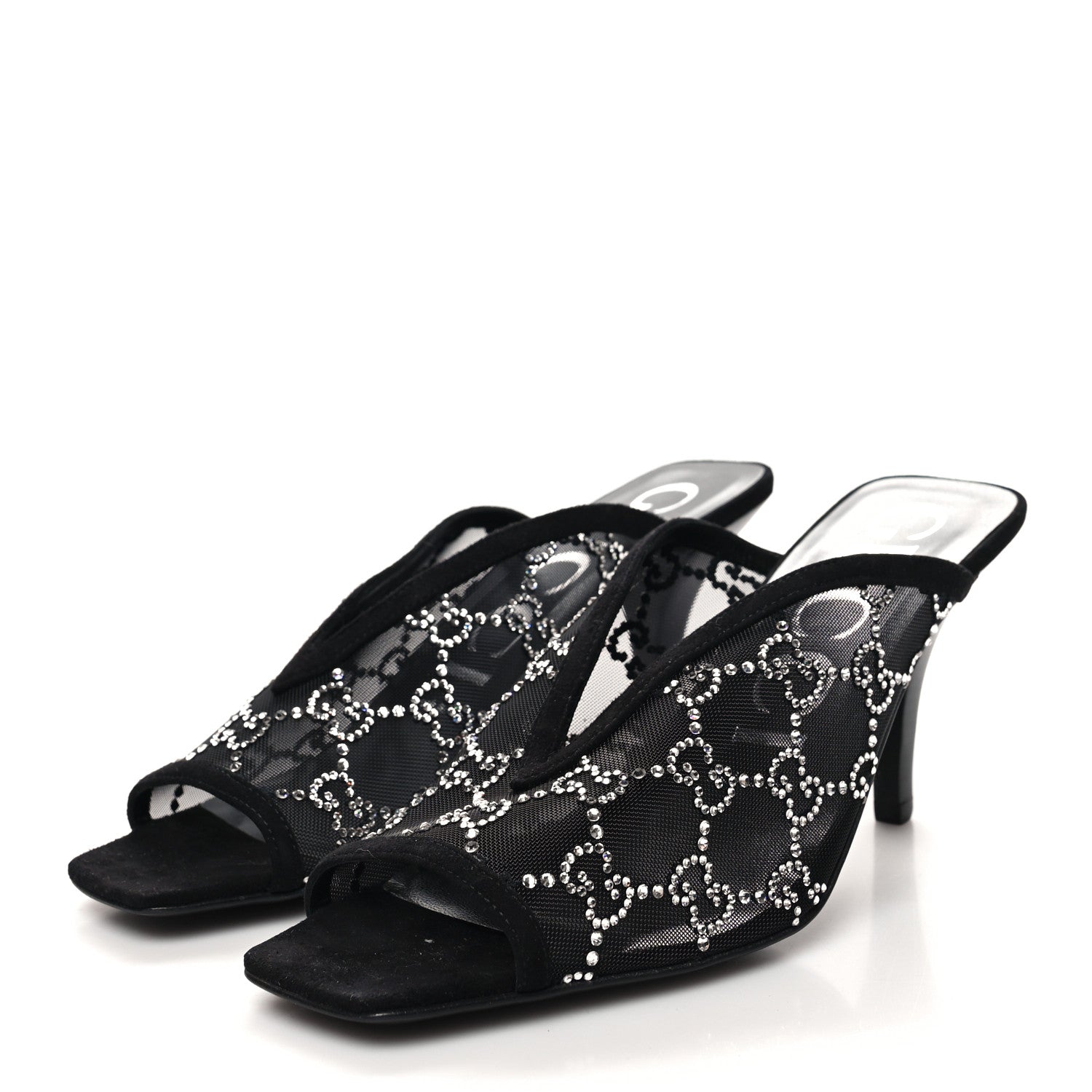 Gucci Tela Retino Kid Scamosciato Crystal GG Monogram Square G 95mm Slide Sandals 38 Black 3 of 8