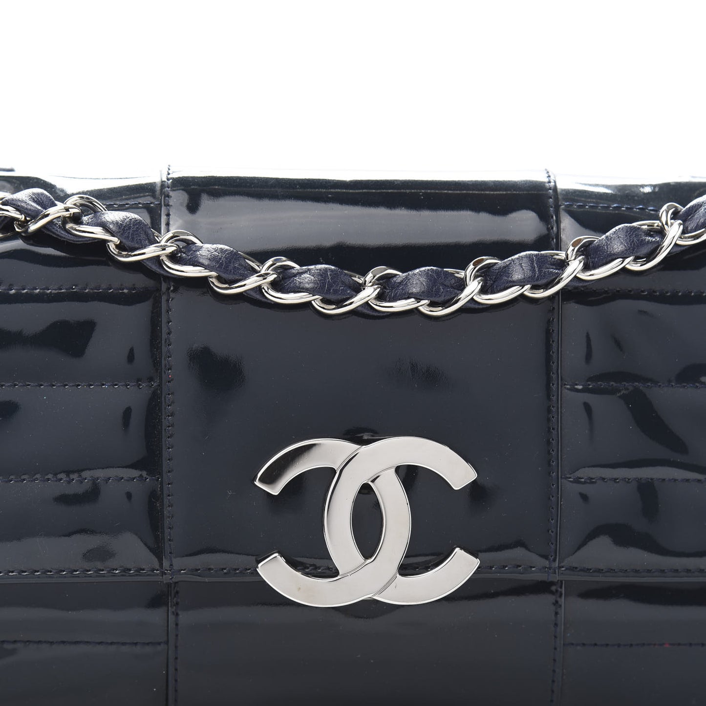 Patent Horizontal Quilted Medium Single Flap Dark Navy Blue