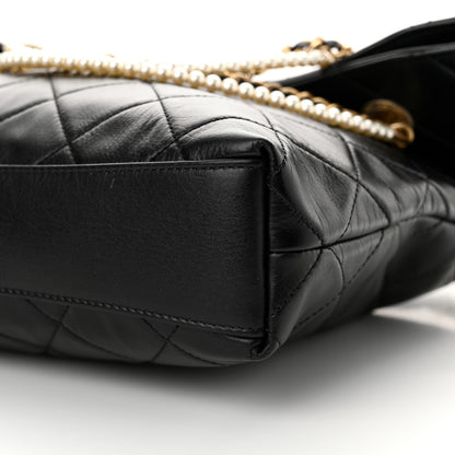 Chanel Calfskin Quilted Crystal Pearls Fold Over Shopping Tote Black 9 of 11