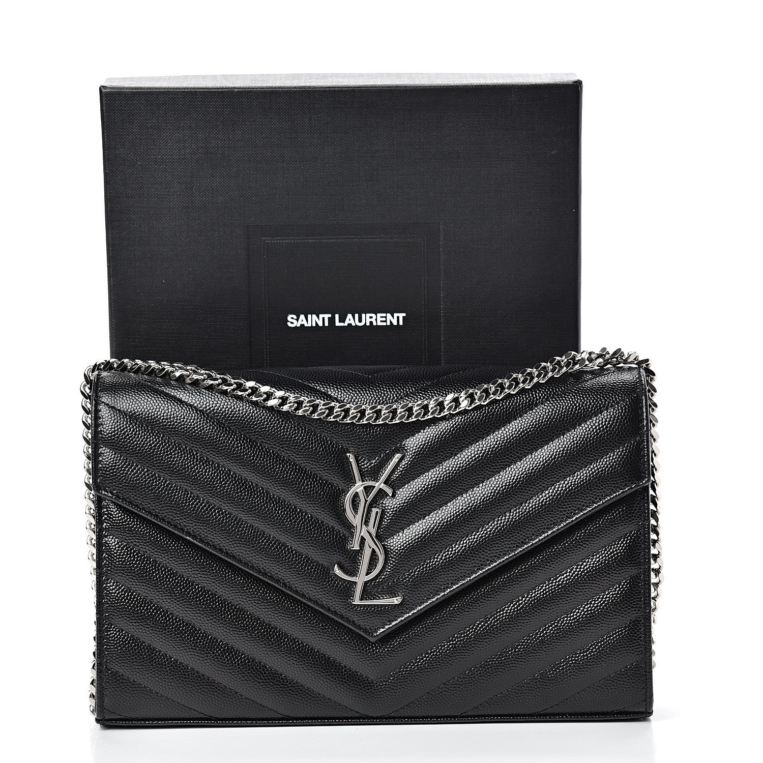 Saint Laurent Grain De Poudre Matelasse Chevron Monogram Chain Wallet Black 10 of 10