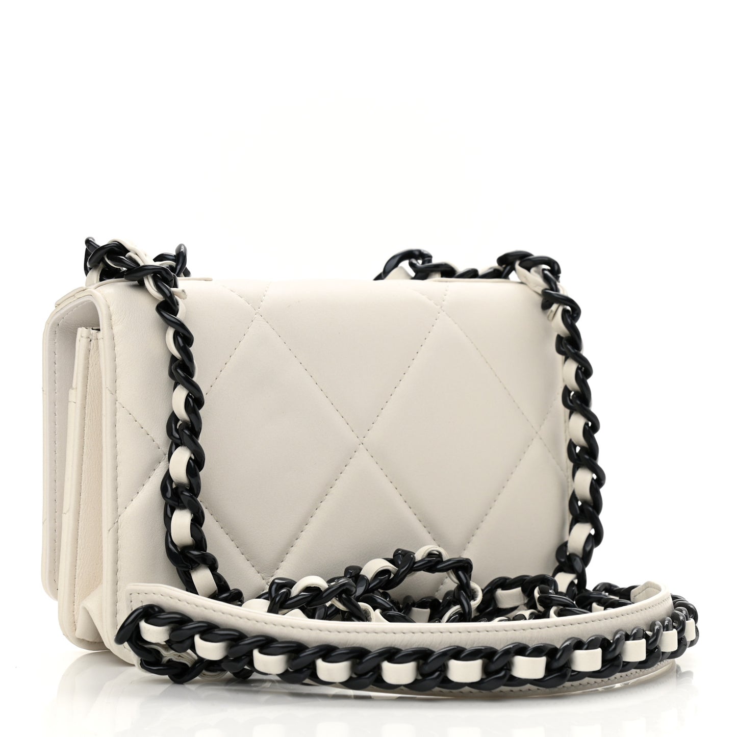 Glossy Calfskin Quilted Chanel 19 Wallet On Chain WOC White Black
