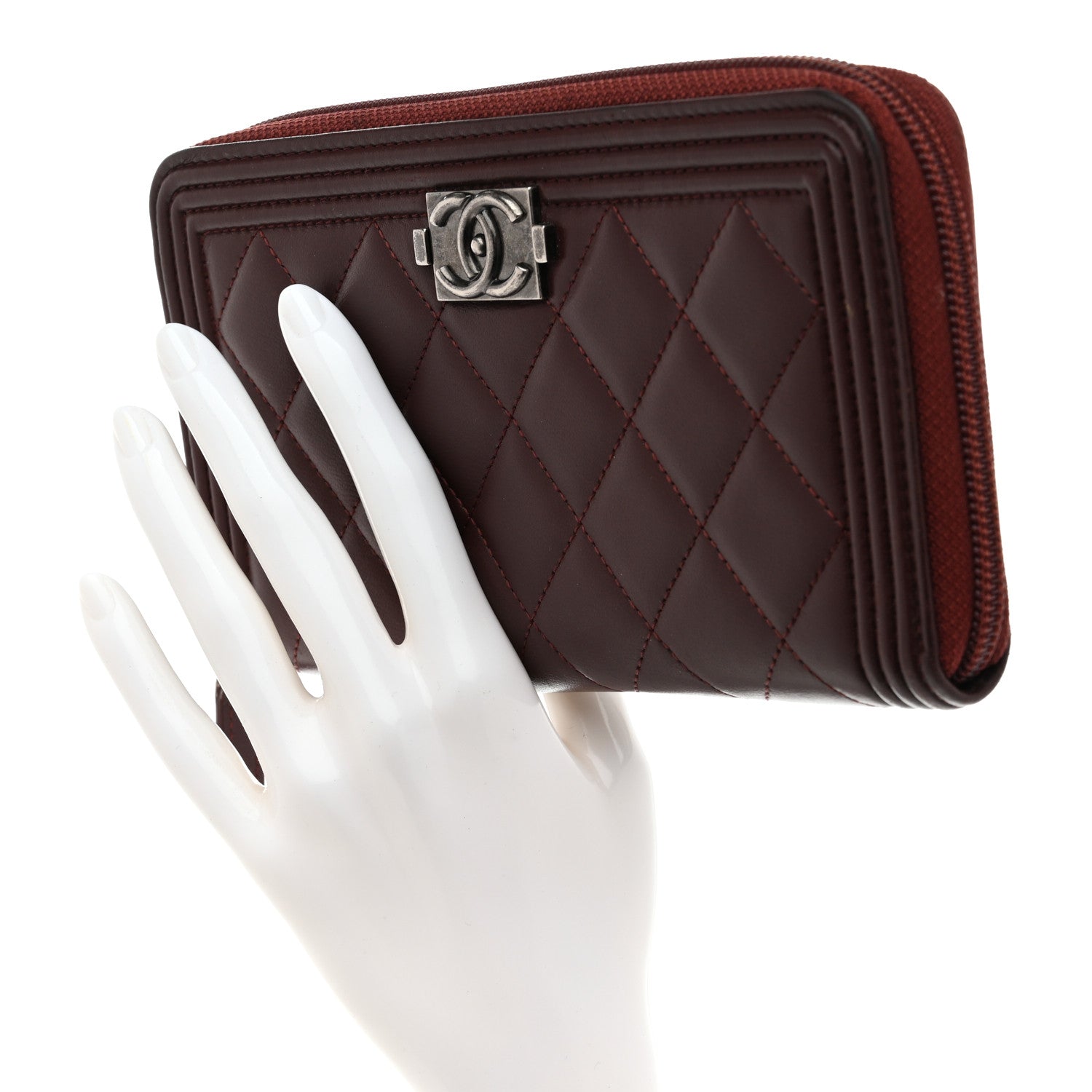 Chanel Lambskin Quilted Boy Zip Around Wallet Burgundy 2 of 9