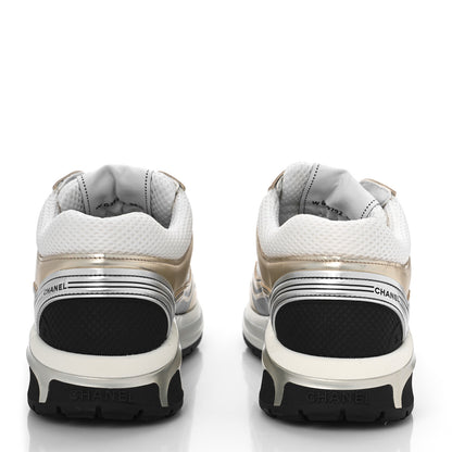 Chanel Fabric Laminated Calfskin Stretch CC Sneakers 36 White Gold Silver 5 of 9
