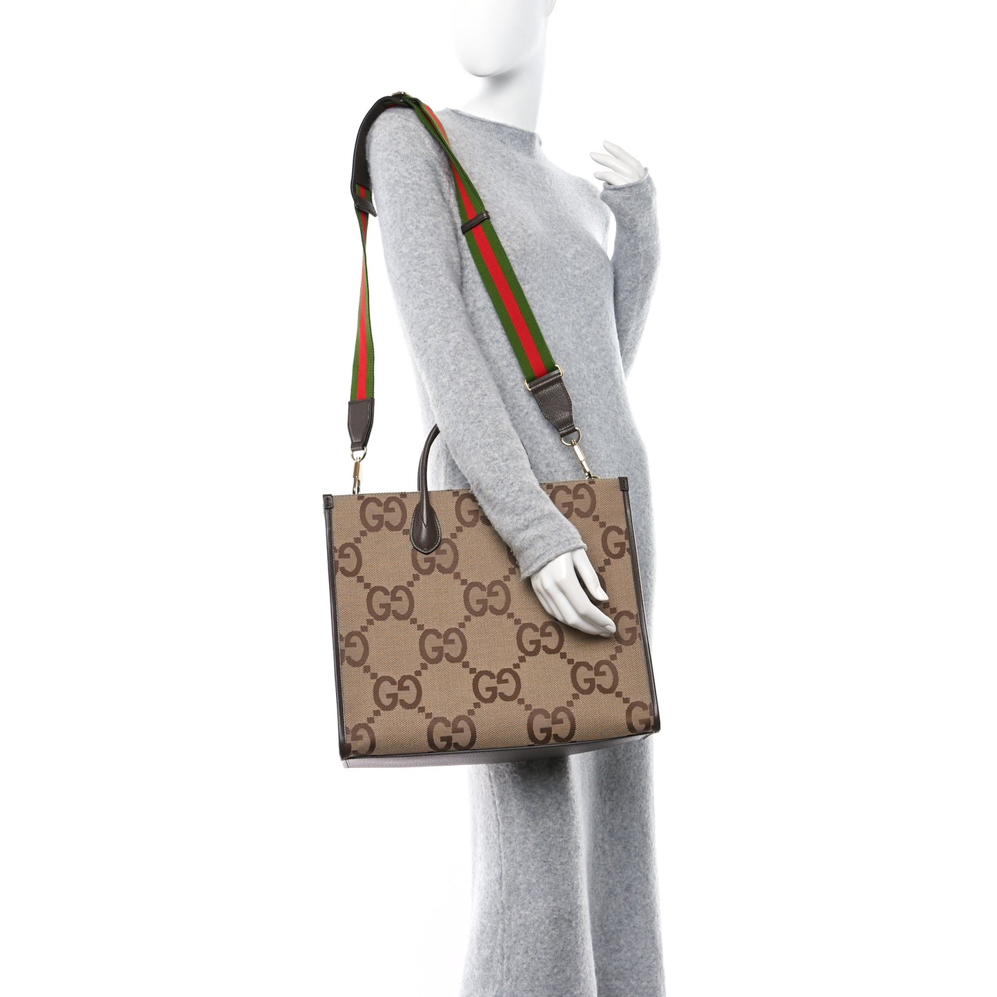 Monogram Jumbo GG Textured Dollar Calfskin Web Tote Bag Camel Ebony New Acero