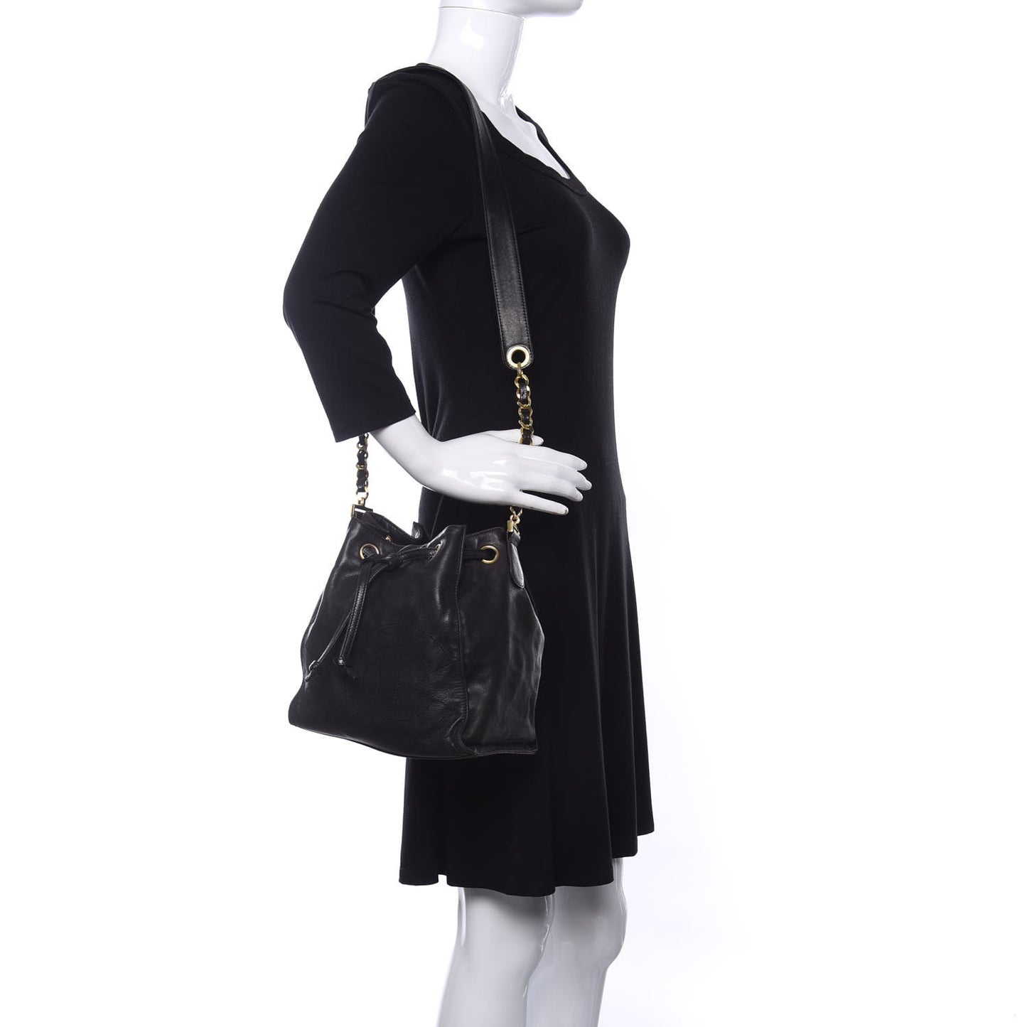 Lambskin CC Stitched Drawstring Bucket Bag Black