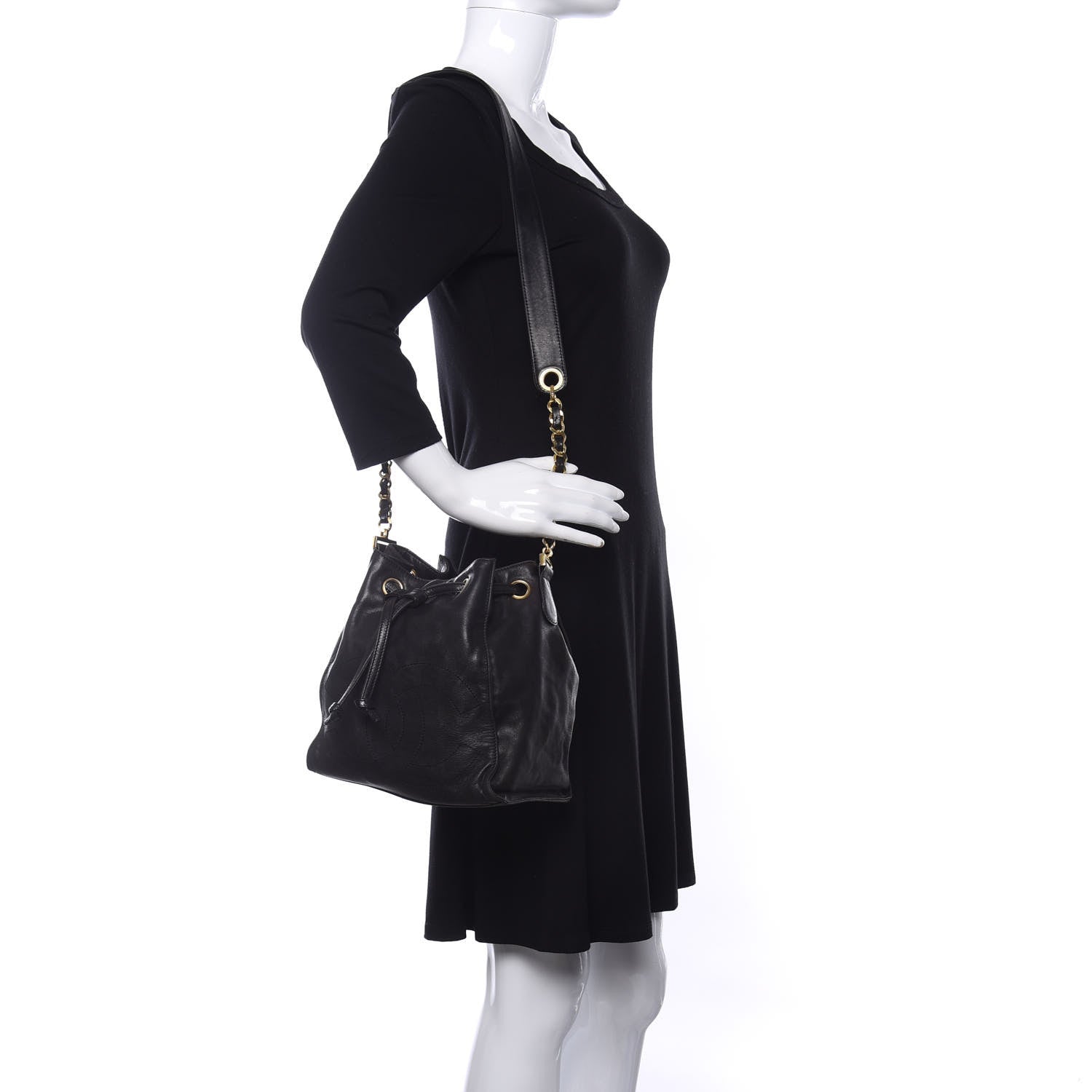 Chanel Lambskin CC Stitched Drawstring Bucket Bag Black 2 of 9