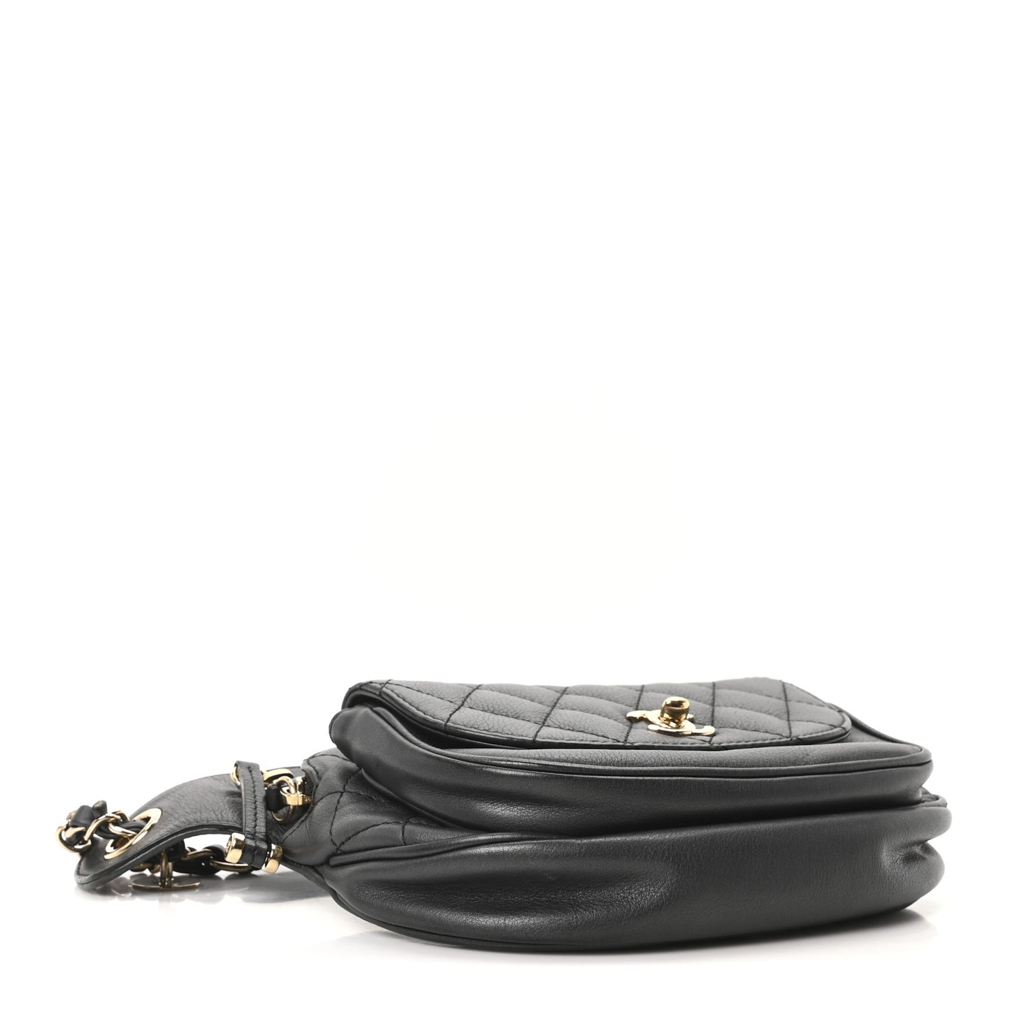 Metallic Calfskin Flap Chain Waist Bag Ruthenium