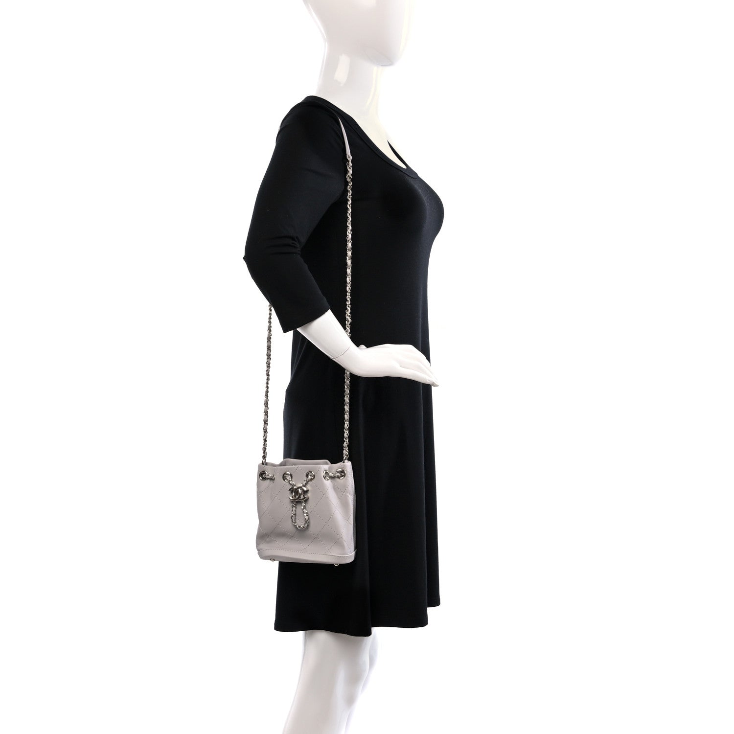 Chanel Calfskin Stitched Chain Bucket Bag Light Grey 2 of 9