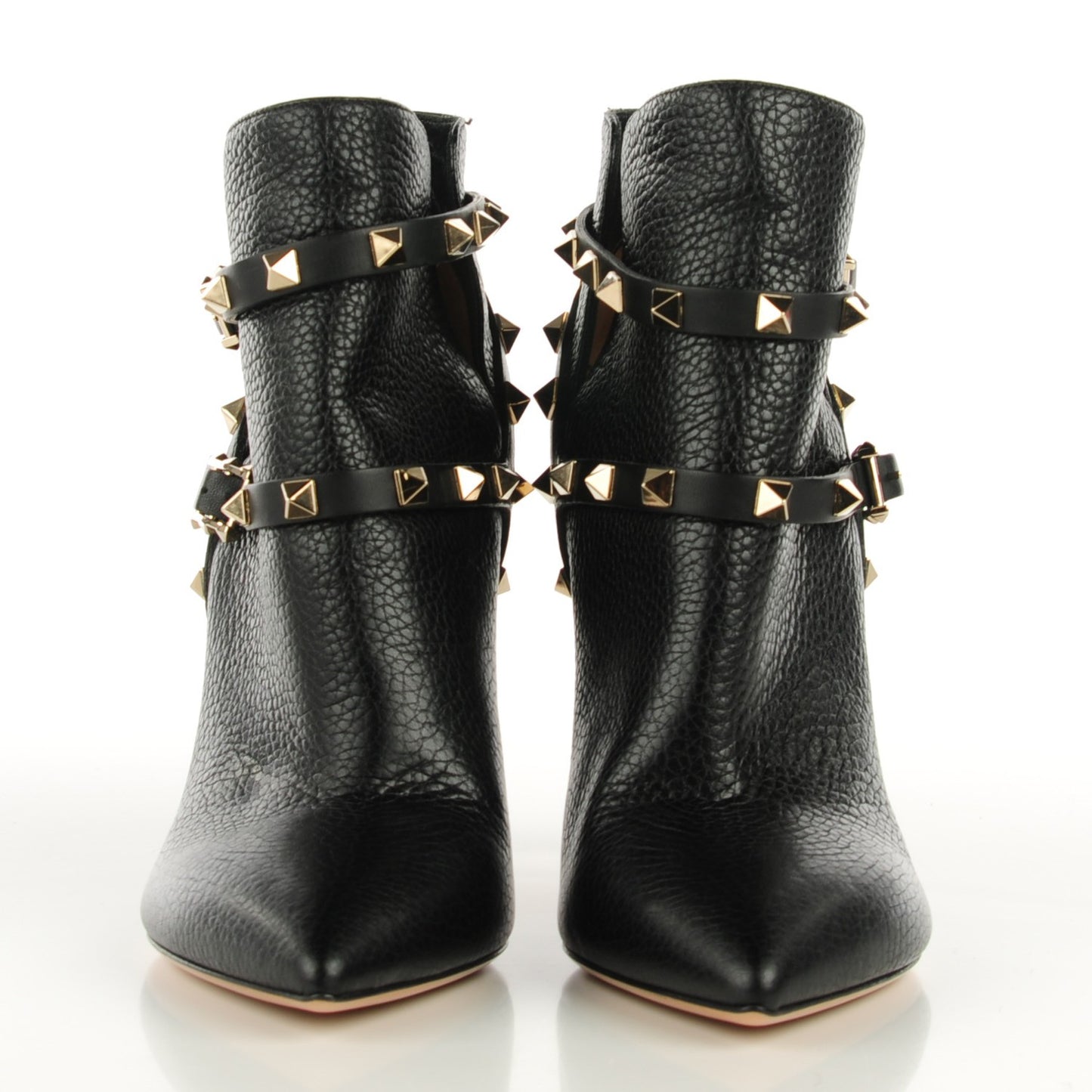 Pebbled Calfskin Rockstud Double Buckle 100mm Ankle Boots 37.5 Black