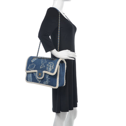 Chanel Denim Shearling Hieroglyph Flap Blue 2 of 12
