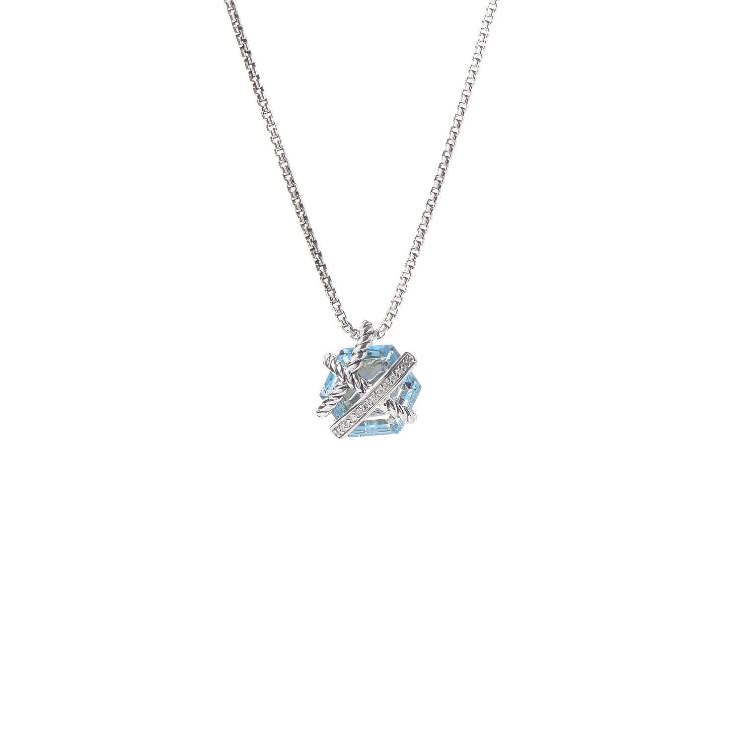 David Yurman Sterling Silver Diamond Blue Topaz 10mm Petite Cable Wrap Pendant Necklace 4 of 8