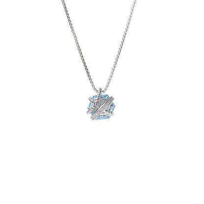 David Yurman Sterling Silver Diamond Blue Topaz 10mm Petite Cable Wrap Pendant Necklace 4 of 8