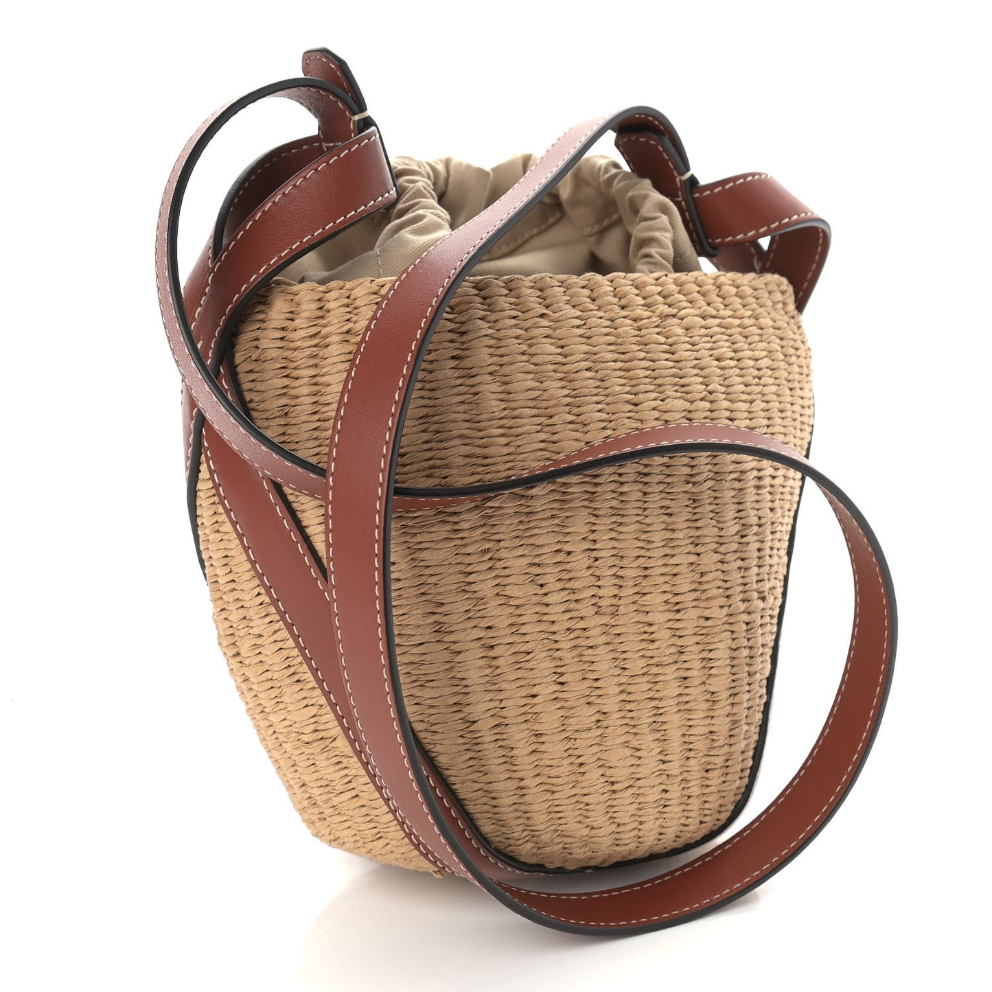 Raffia Calfskin Small Basket Sepia Brown