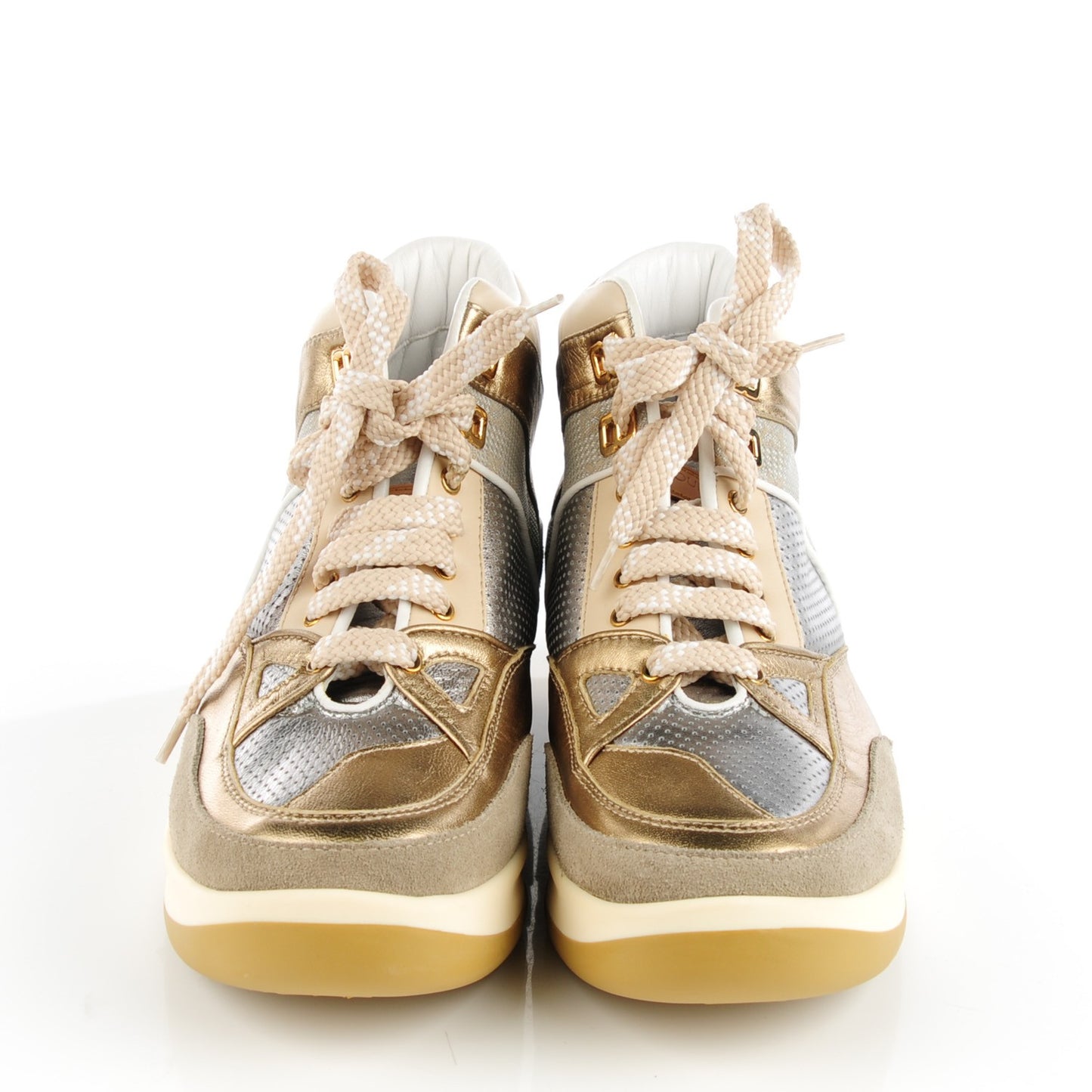 Metallic Calfskin Perforated High Top Sneakers 37.5 Gold Silver
