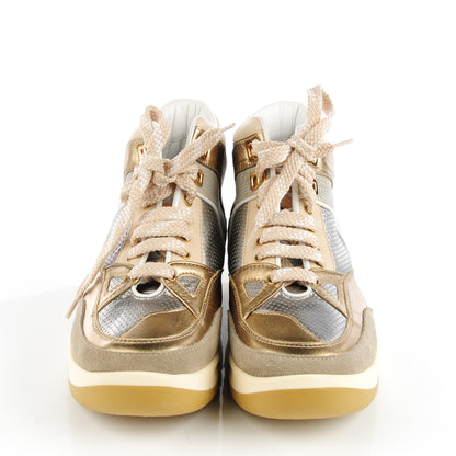 Louis Vuitton Metallic Calfskin Perforated High Top Sneakers 37.5 Gold Silver 2 of 9