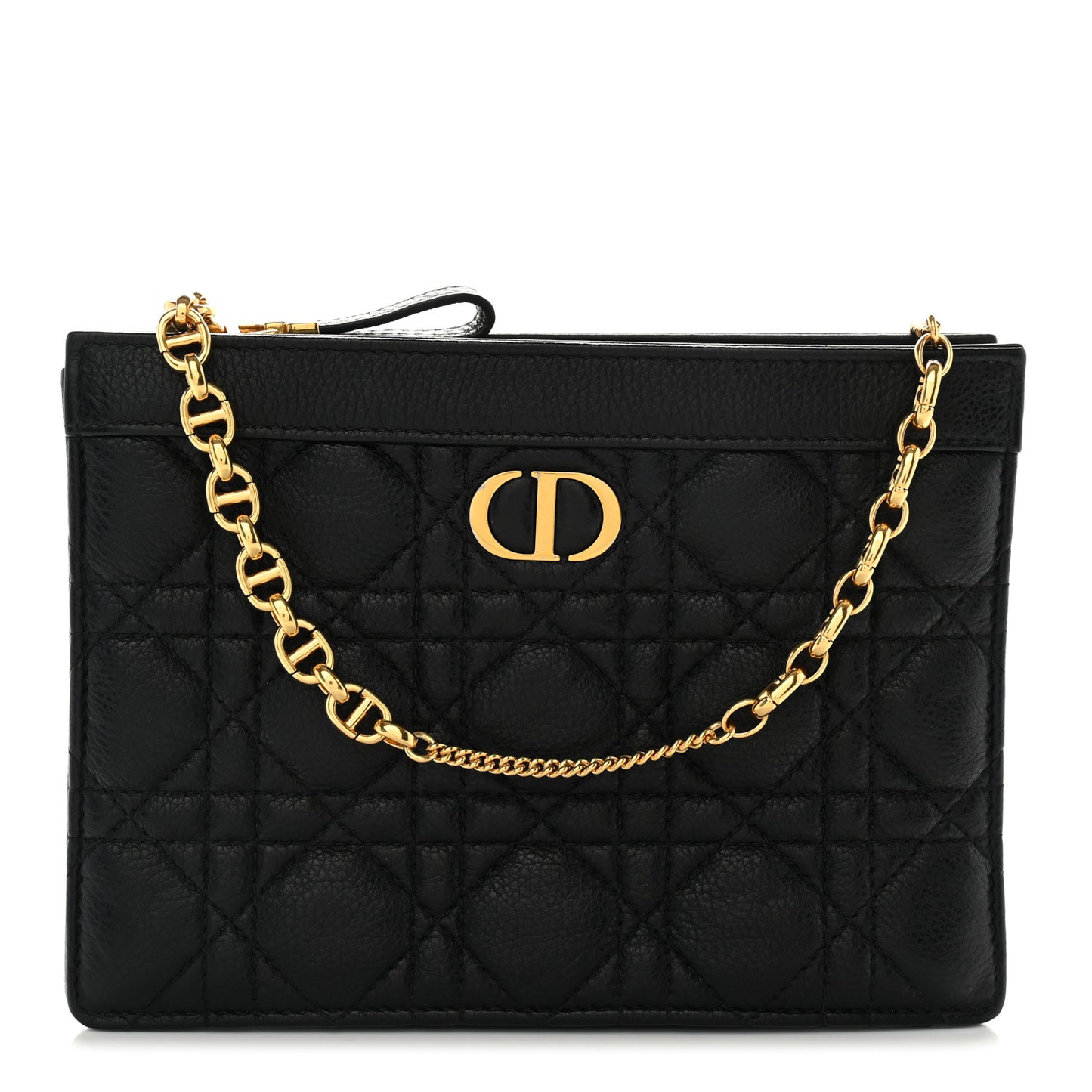 Calfskin Cannage Caro Zipped Pouch With Chain Black