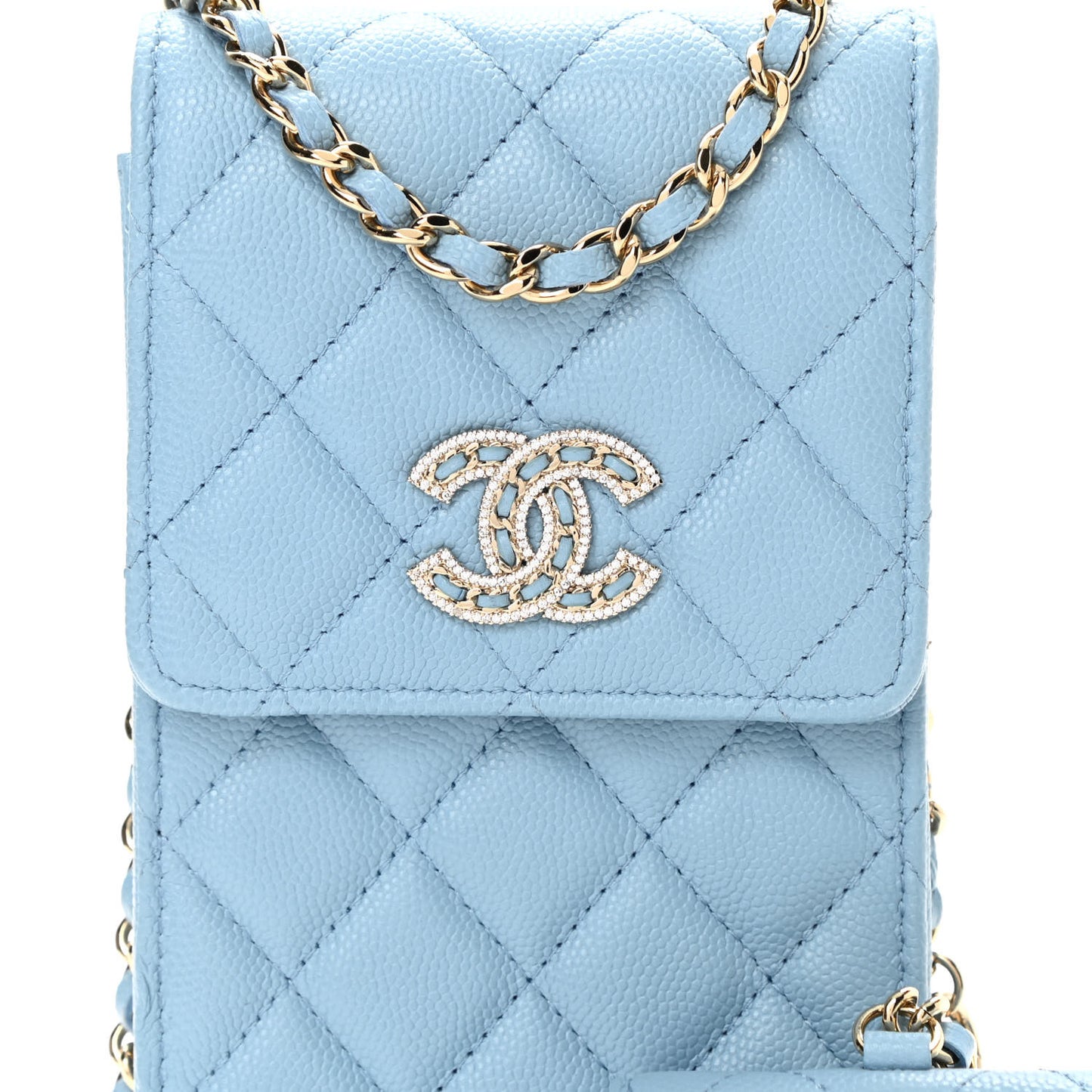 Caviar Quilted Crystal CC Airpods Pro and Phone Case With Chain Light Blue