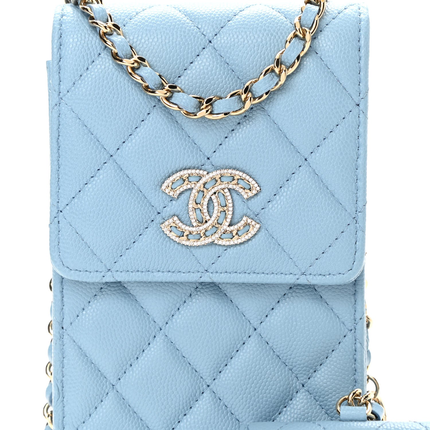 Chanel Caviar Quilted Crystal CC Airpods Pro and Phone Case With Chain Light Blue 9 of 11