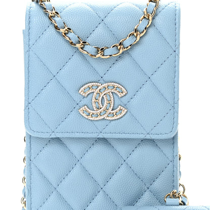 Chanel Caviar Quilted Crystal CC Airpods Pro and Phone Case With Chain Light Blue 9 of 11