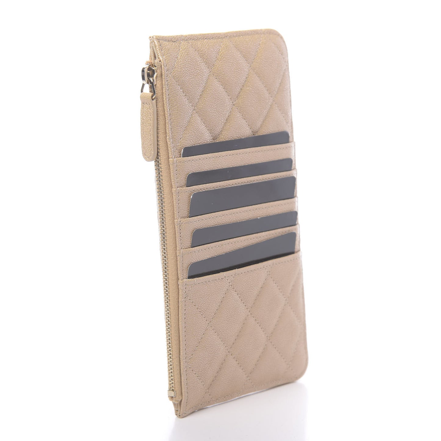 Iridescent Caviar Quilted Classic Flat Wallet Pouch Beige