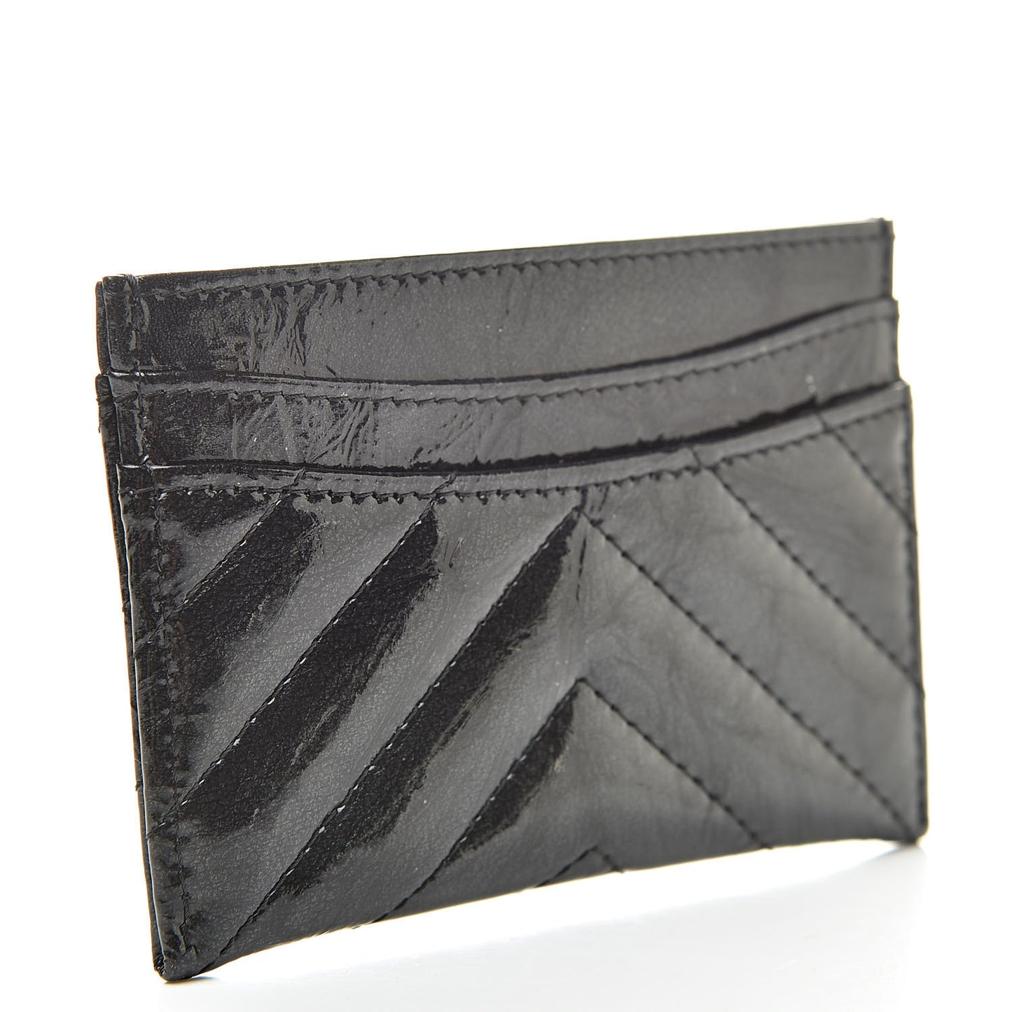 Patent Metallic Crumpled Calfskin Chevron Quilted Card Holder Black