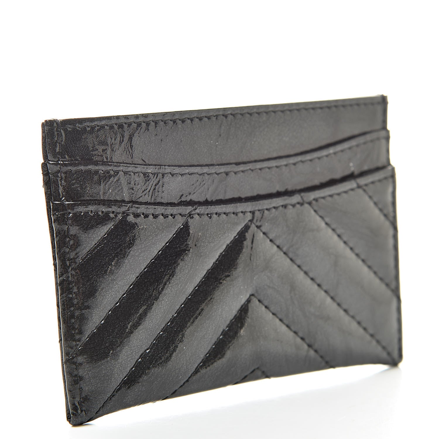 Chanel Patent Metallic Crumpled Calfskin Chevron Quilted Card Holder Black 3 of 9