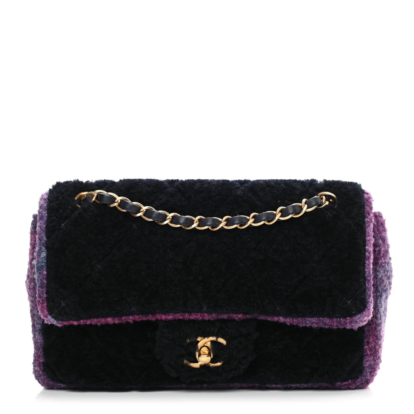 Shearling Sheepskin Tweed Quilted Single Flap Navy Purple