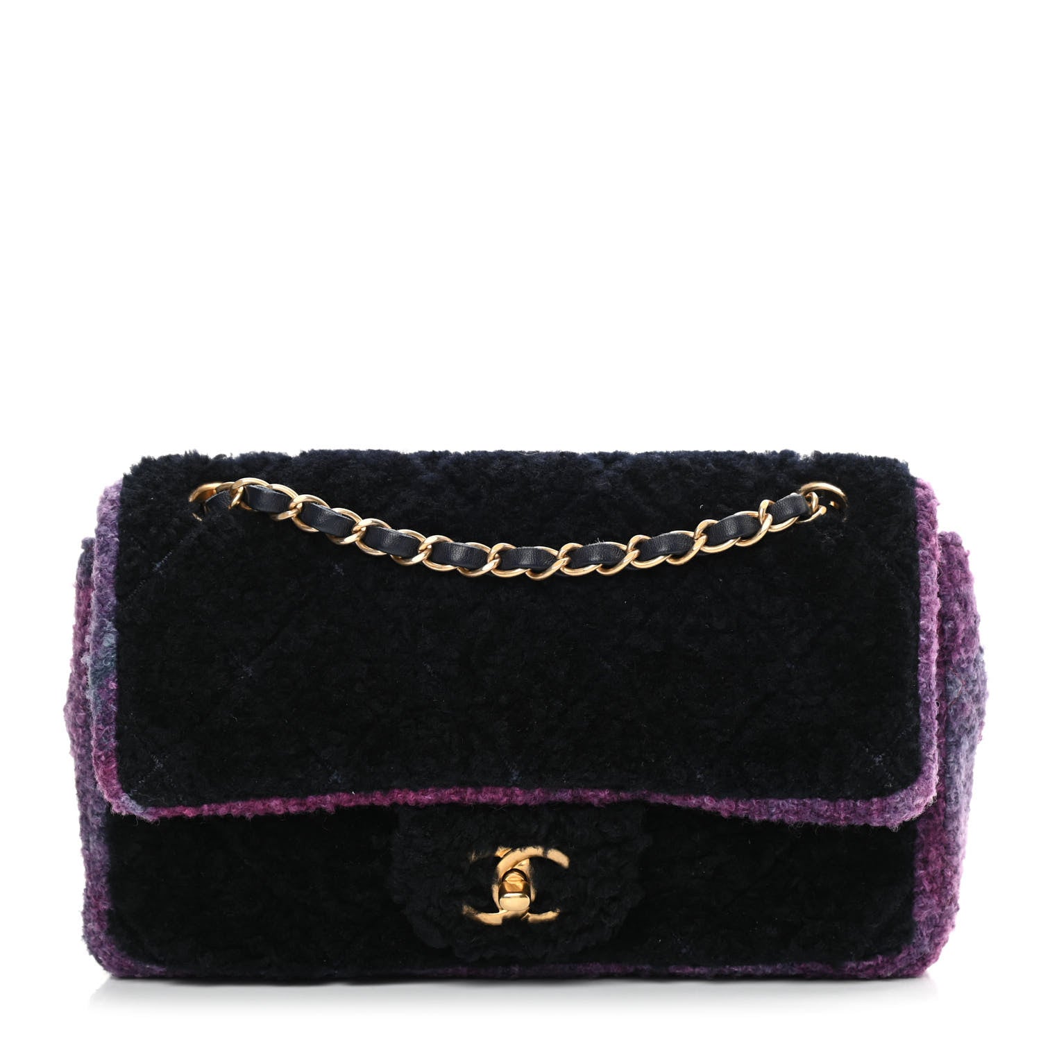 Chanel Shearling Sheepskin Tweed Quilted Single Flap Navy Purple 1 of 10