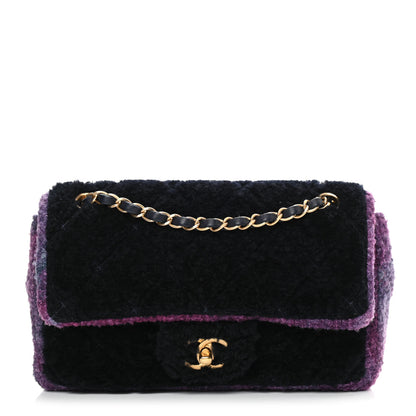 Chanel Shearling Sheepskin Tweed Quilted Single Flap Navy Purple 1 of 10