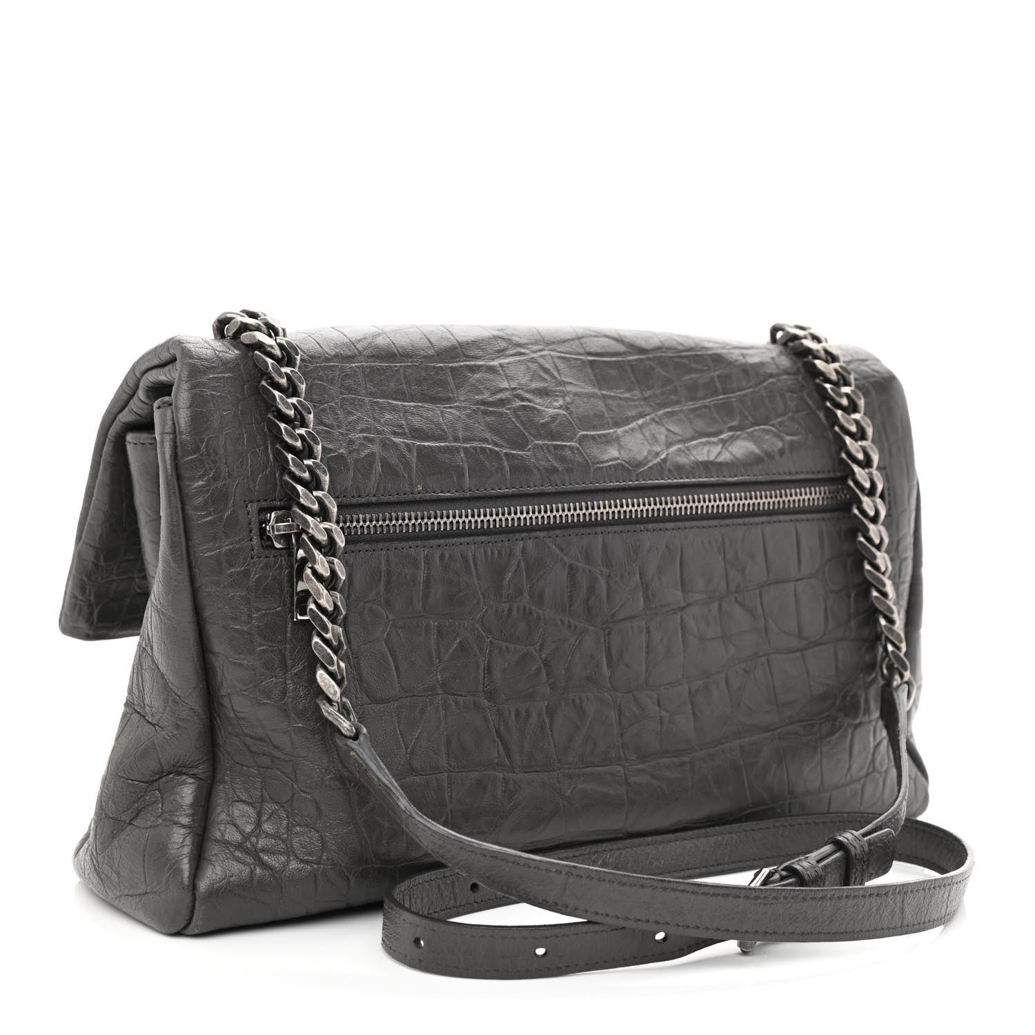 Saint Laurent Calfskin Crocodile Embossed Small West Hollywood Monogram Fold-Over Black 3 of 10