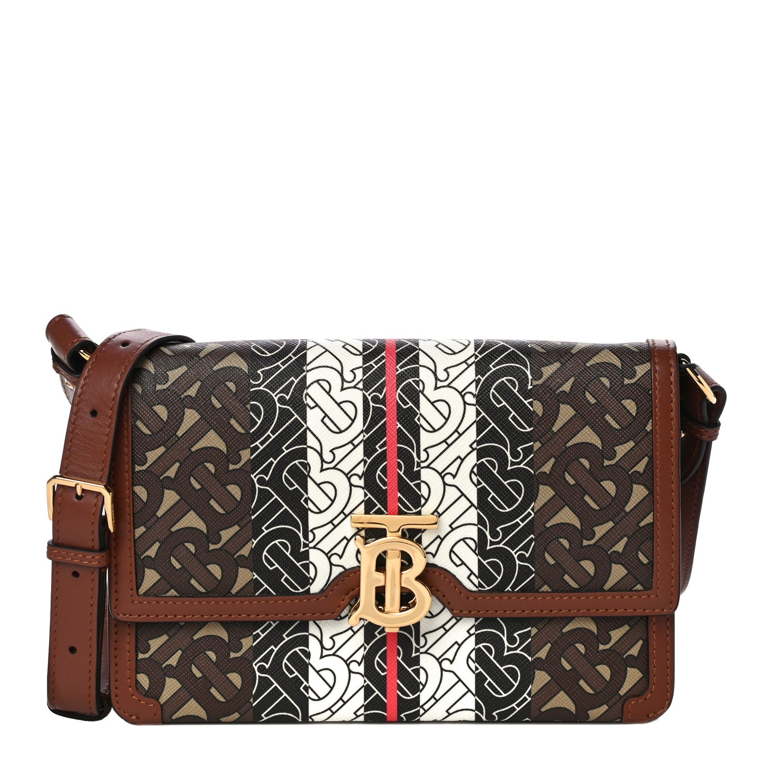 Burberry E-Canvas Monogram Stripe Small TB Bag Bridle Brown 1 of 10