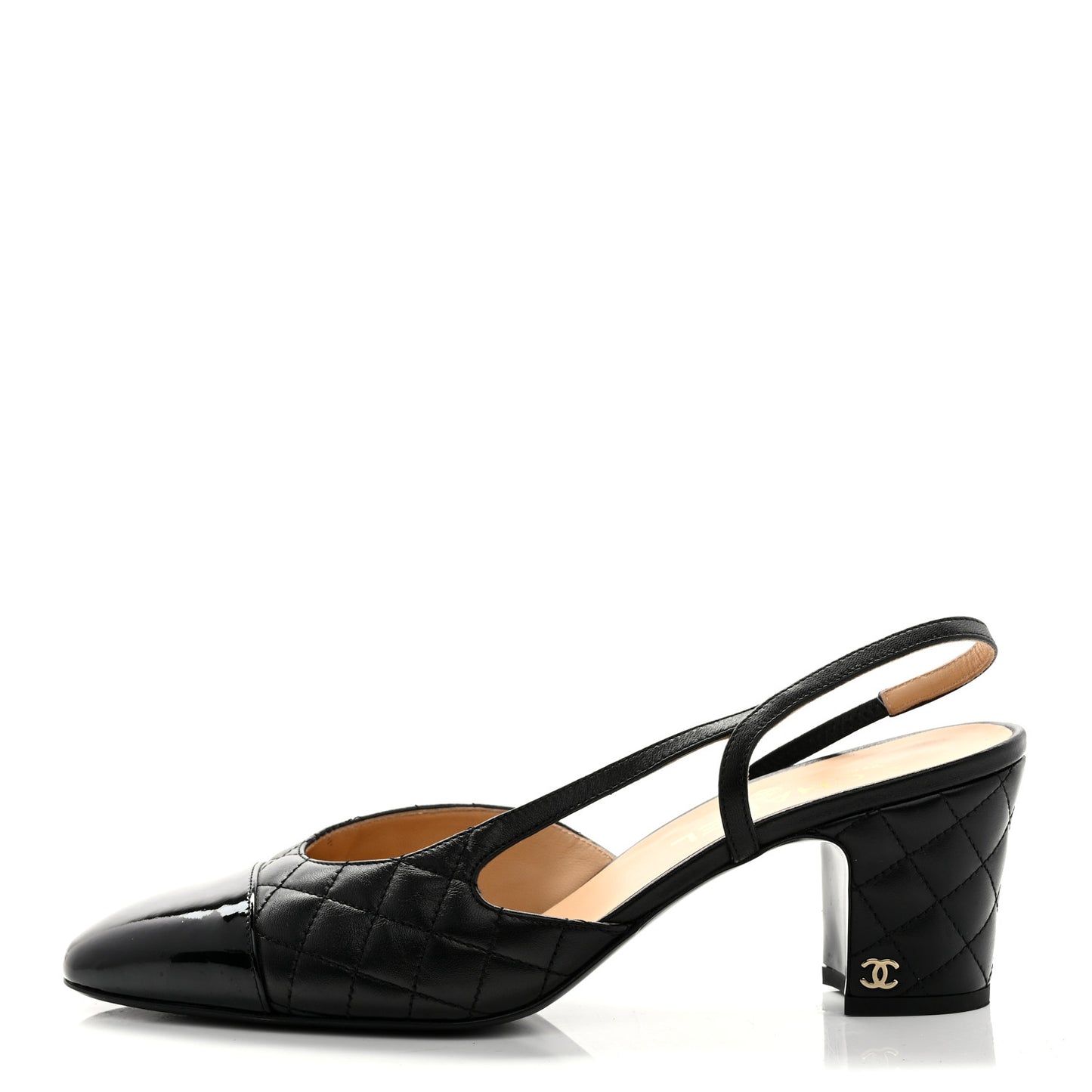 Lambskin Patent Calfskin Quilted Cap Toe CC Slingback Pumps 41 Black