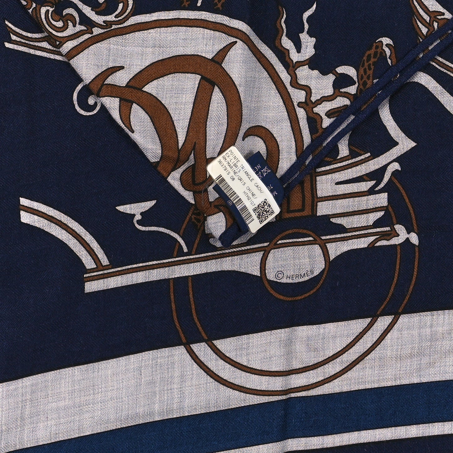 Cashmere Silk Ex-Libris Triangle Scarf Marine Gris Chine