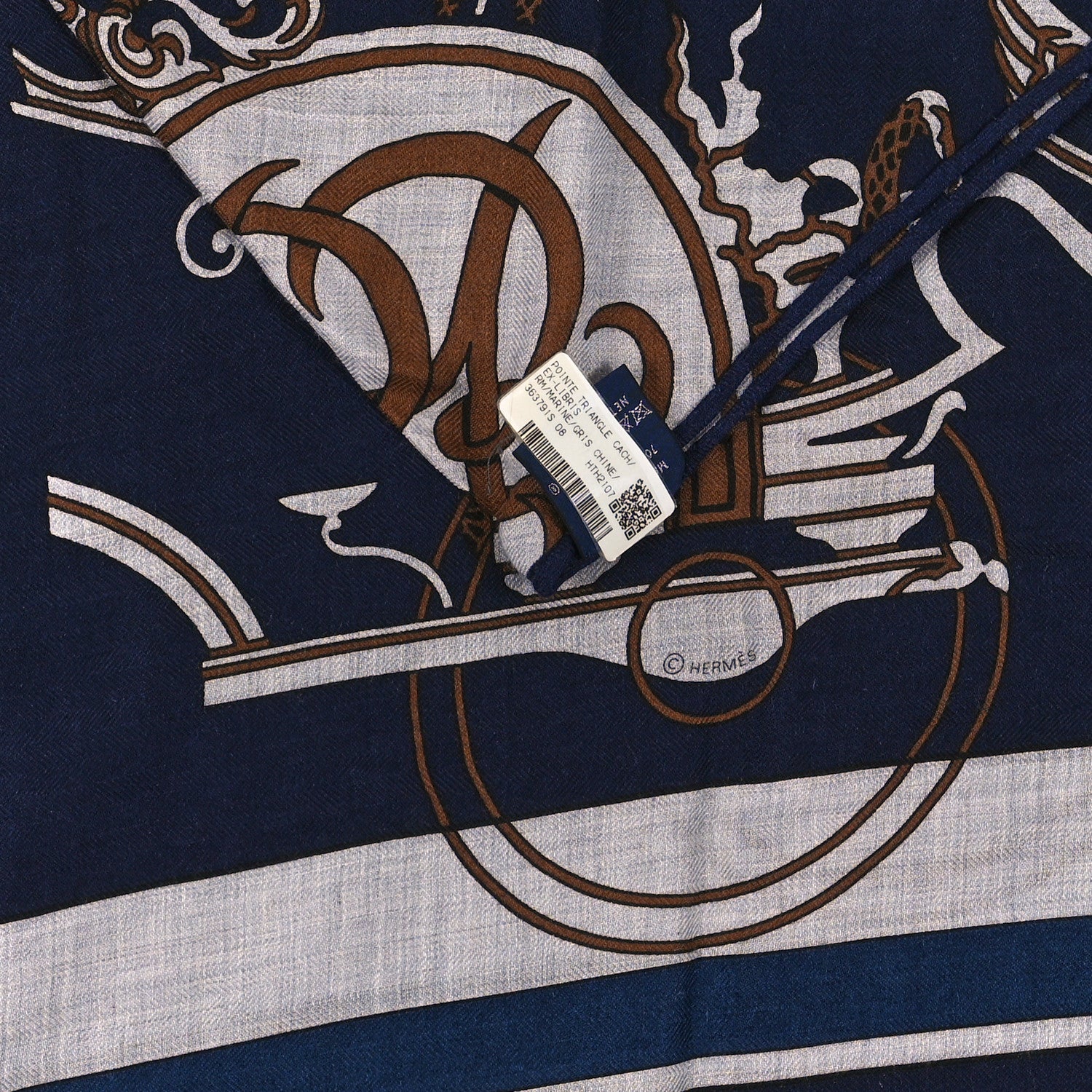 Hermes Cashmere Silk Ex-Libris Triangle Scarf Marine Gris Chine 3 of 3