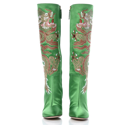 Gucci Silk Satin Malaga Kid Embroidered Candy Dragon Block-Heel Knee Boot 37 Palm 3 of 11