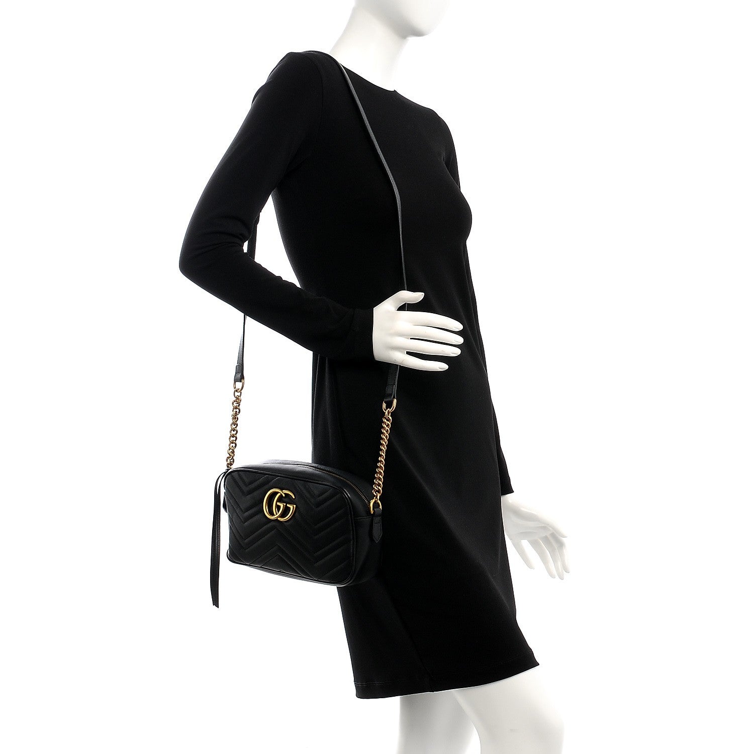Gucci Calfskin Matelasse Small GG Marmont Chain Shoulder Bag Black 2 of 8