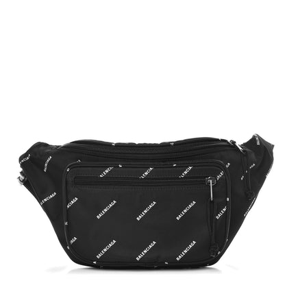 Balenciaga Twill Nylon Allover Logo Explorer Beltpack Black White 1 of 6