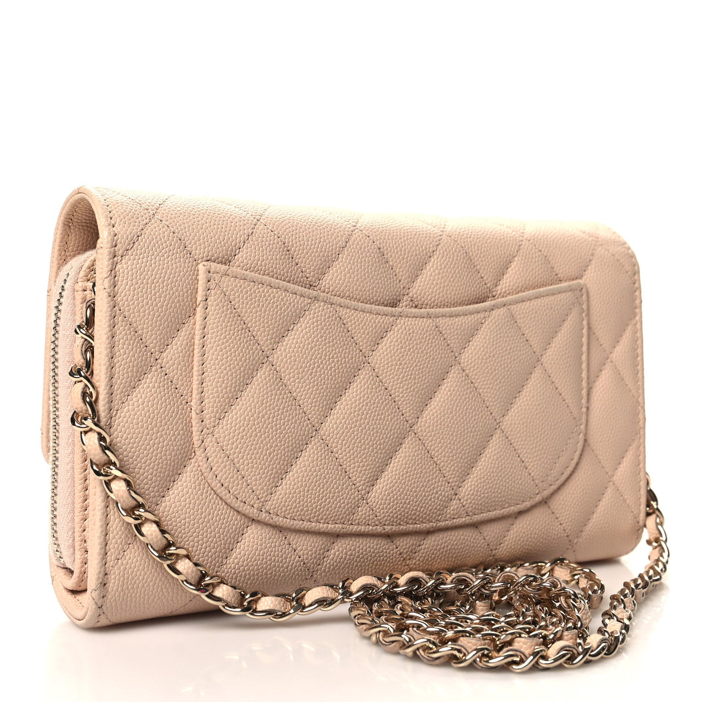 Caviar Quilted Phone Holder Wallet on Removable Chain Light Beige