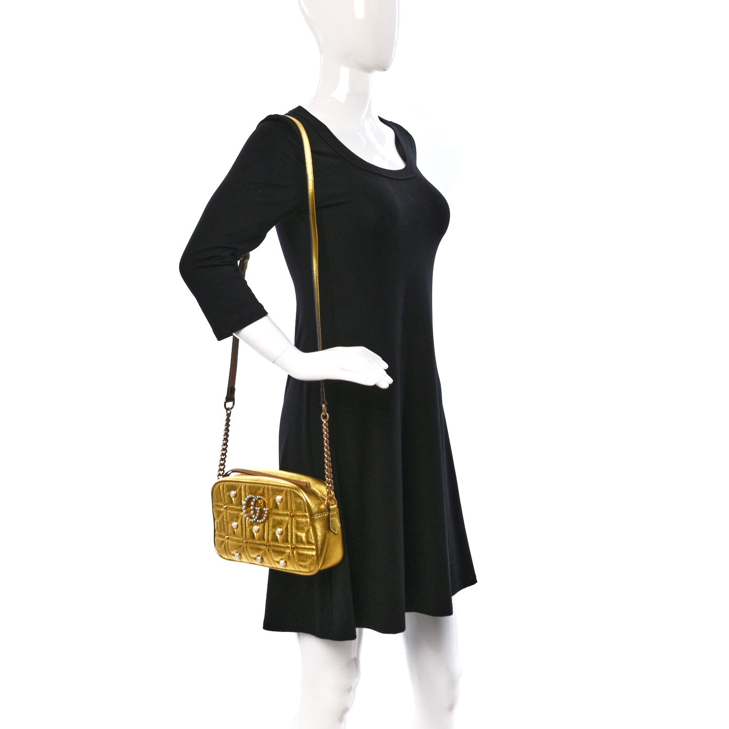 Metallic Calfskin Matelasse Studded Small Pearly GG Marmont Chain Shoulder Bag Gold