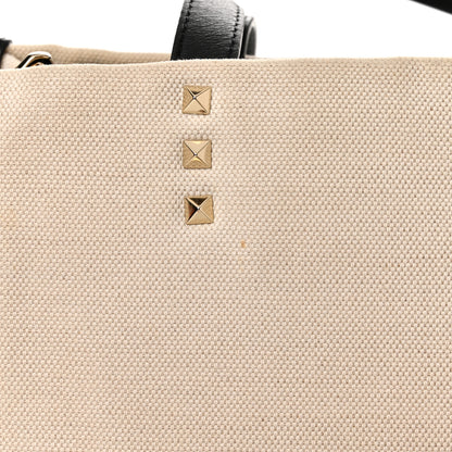 Valentino Garavani Canvas Calfskin VLTN Print Small Rockstud Tote Naturale Black 10 of 12