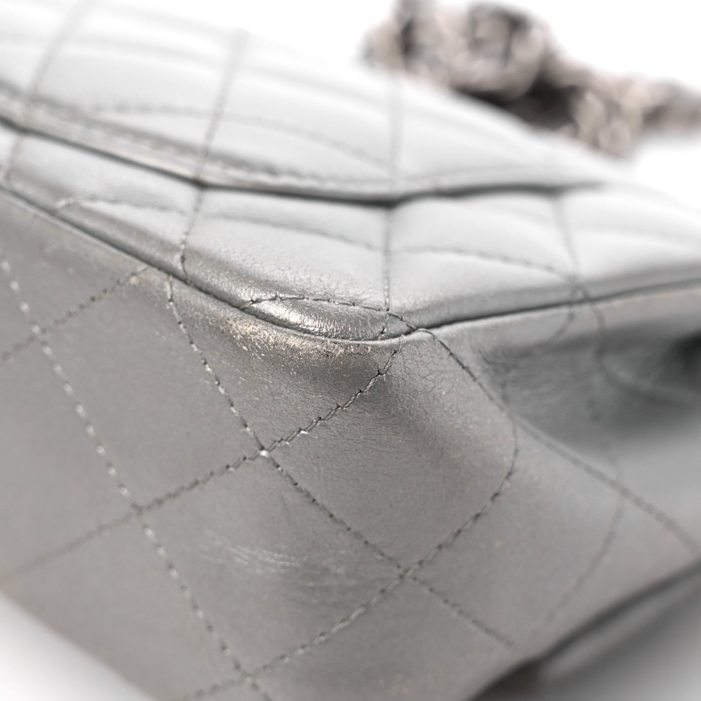 Metallic Calfskin Quilted Mini Rectangular Flap Ruthenium