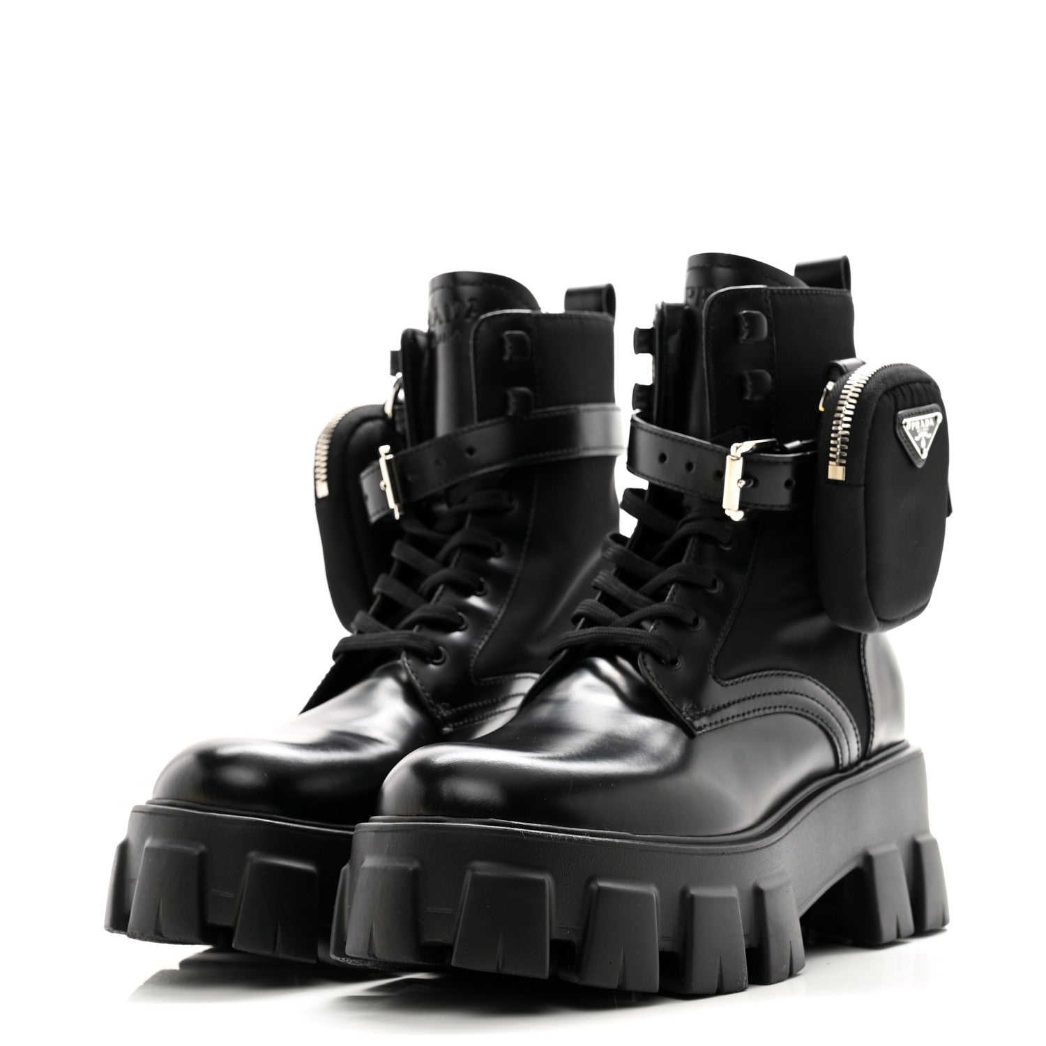 Prada Spazzolato Rois Re-Nylon Metal Triangle Logo Monolith Pouch Pocket 55mm Boots 37 Black 3 of 8
