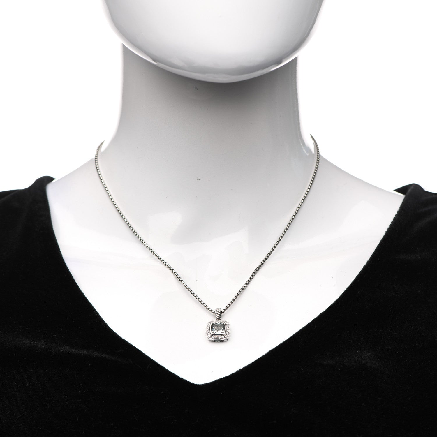 David Yurman Sterling Silver Diamond Prasiolite 7mm Petite Albion Pendant Necklace 2 of 7