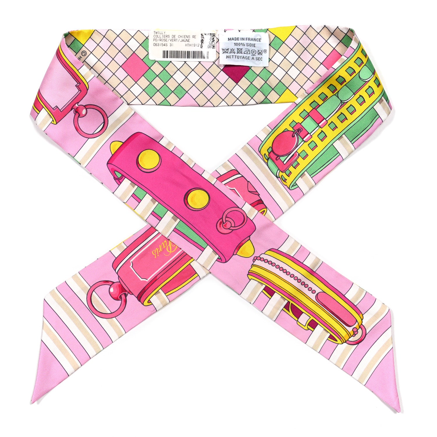 Hermes Silk Colliers De Chiens Remix Twilly Rose Vert Jaune 1 of 4