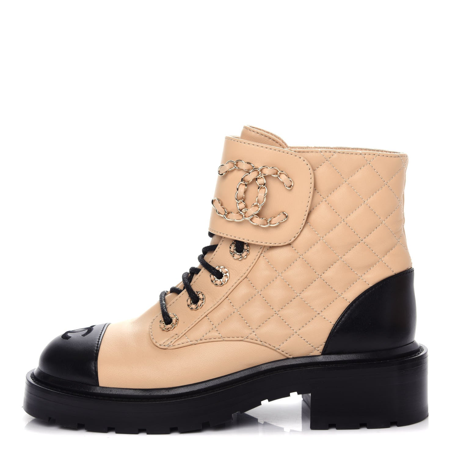 Chanel Lambskin Calfskin Quilted Lace Up Combat Boots 36.5 Beige Black 1 of 13