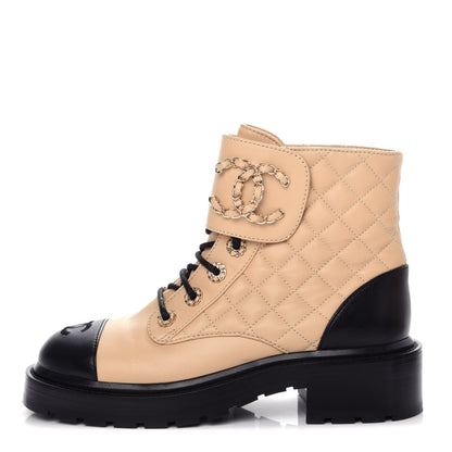 Chanel Lambskin Calfskin Quilted Lace Up Combat Boots 36.5 Beige Black 1 of 13