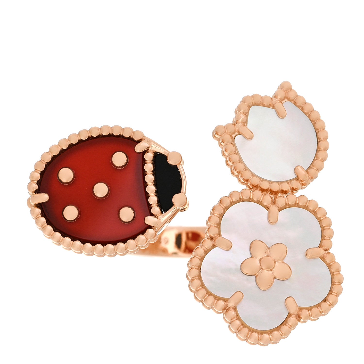Van Cleef & Arpels 18K Rose Gold Mother of Pearl Carnelian Black Onyx Lucky Spring Between the Finger Ring 49 4.75 1 of 6