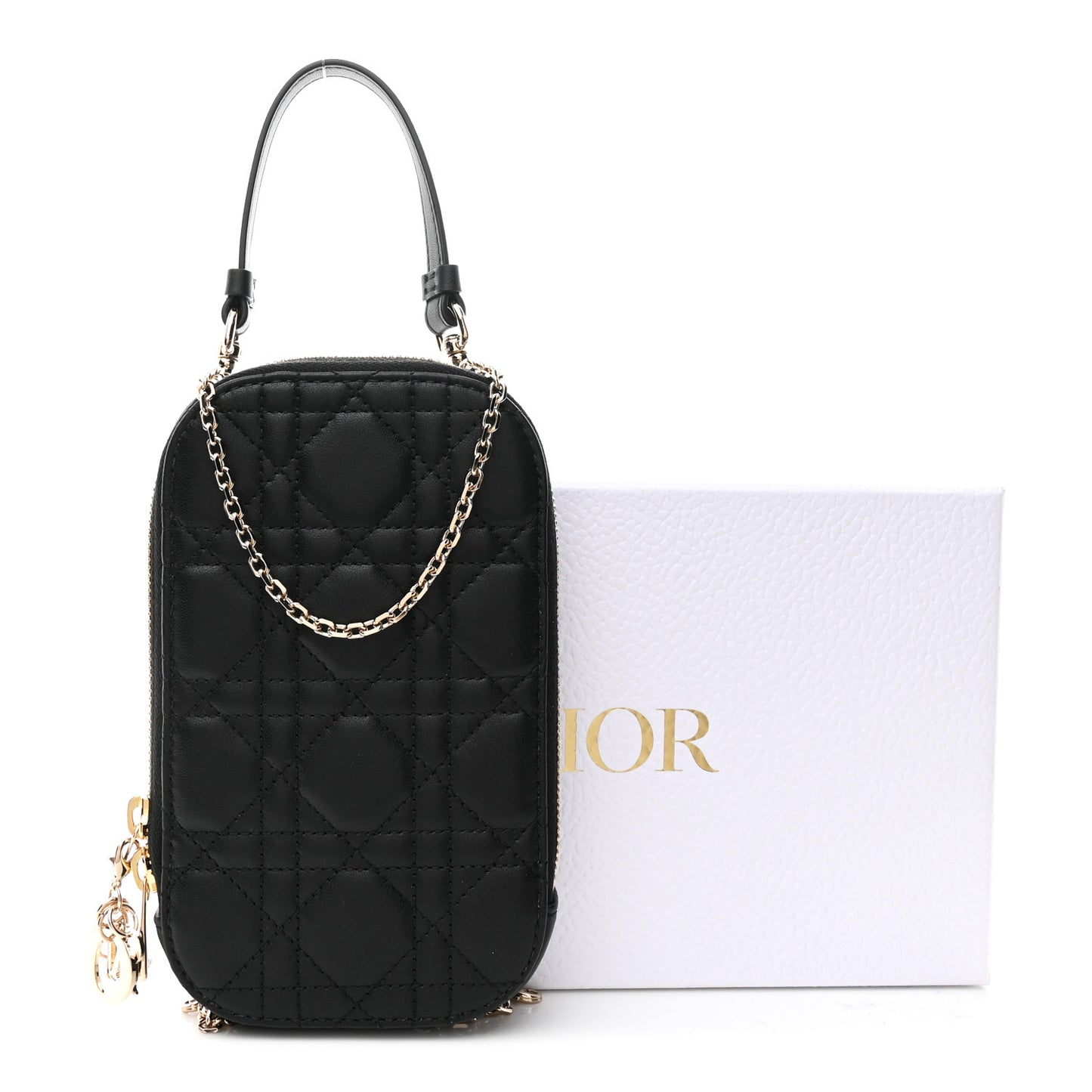 Lambskin Cannage Lady Dior Phone Holder Black
