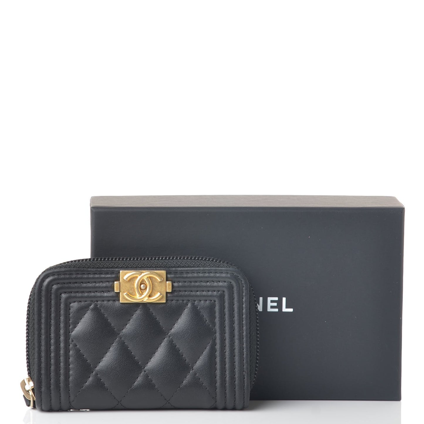 Lambskin Quilted Zip Around Boy Coin Purse Wallet Black