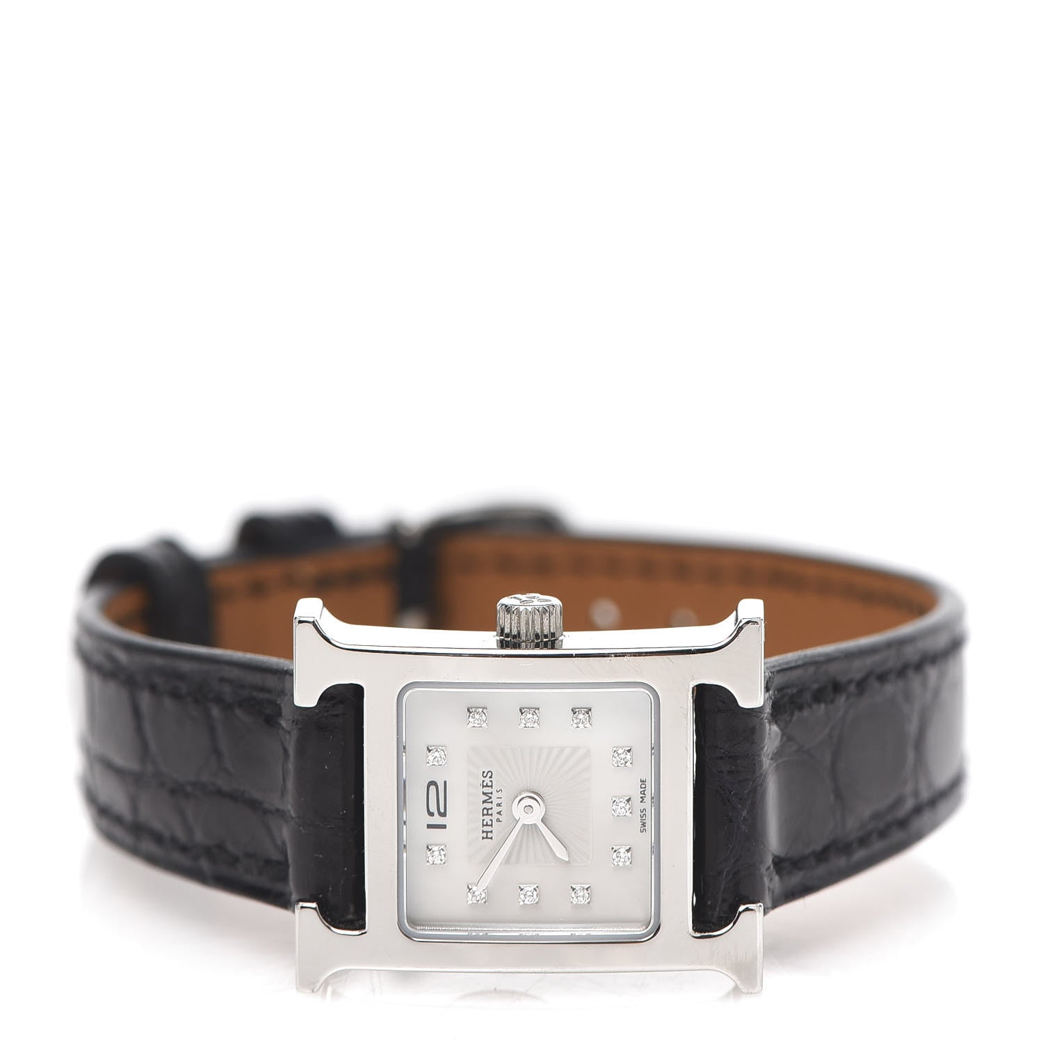 Hermes Stainless Steel Alligator Diamond Mother of Pearl 17.2mm Heure H Hour Quartz Watch Noir 3 of 9